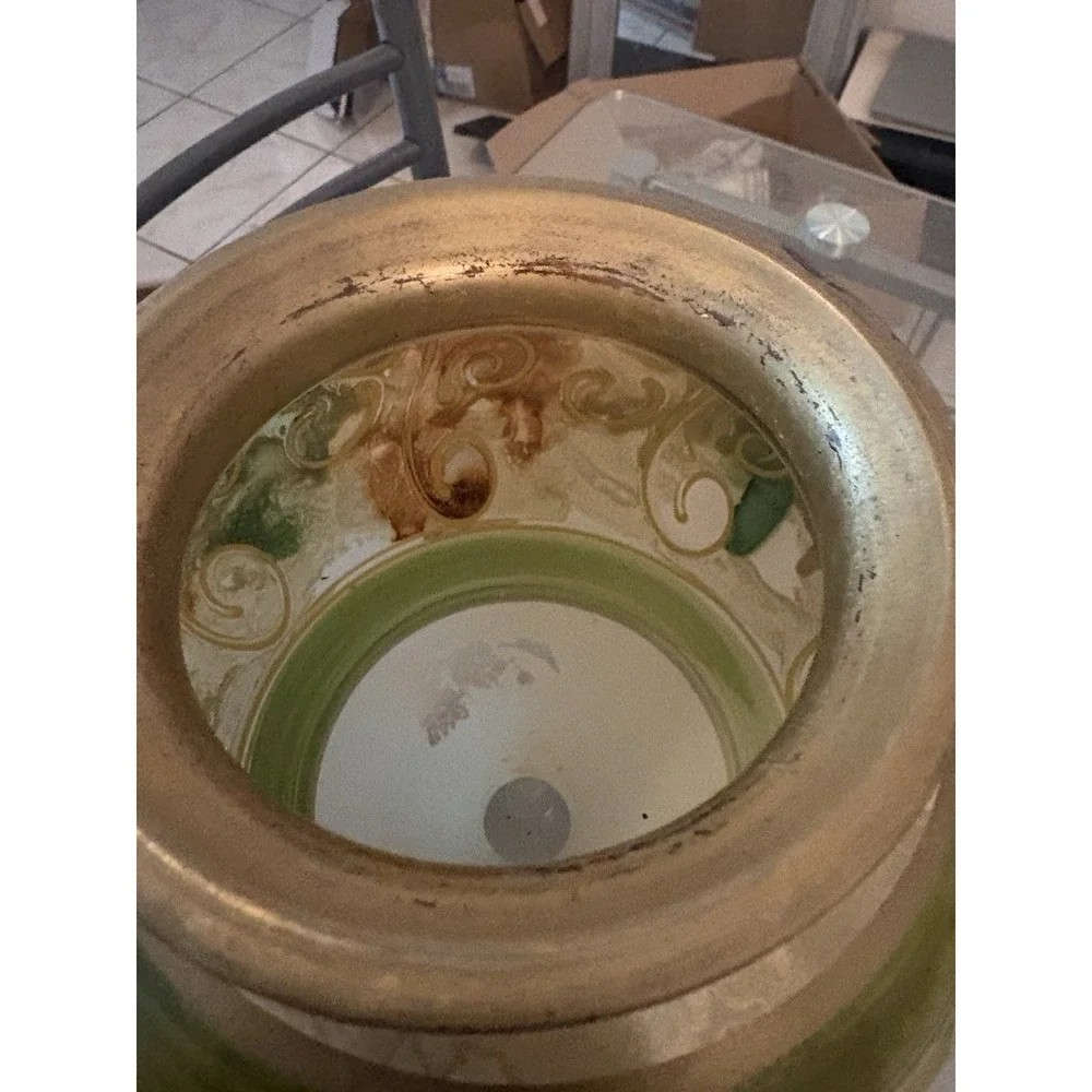 VTG Decorative Glass Urn Jar Pedestal Lid Hand Painted Gold Green Scroll 12